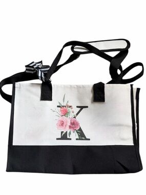 Personalized Initial K Canvas Tote Bag in White and Black